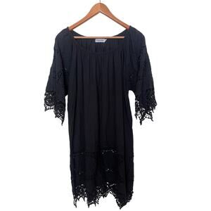 Siganka Maui Black Embroidered Cotton Shift Dress Women’s One Size O/S